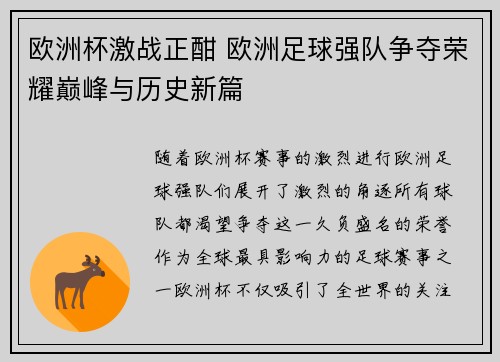 欧洲杯激战正酣 欧洲足球强队争夺荣耀巅峰与历史新篇